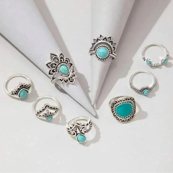 1 LEFT! 8 piece Silver & Turquoise Bohemian Ring Set - Picture 5 of 5